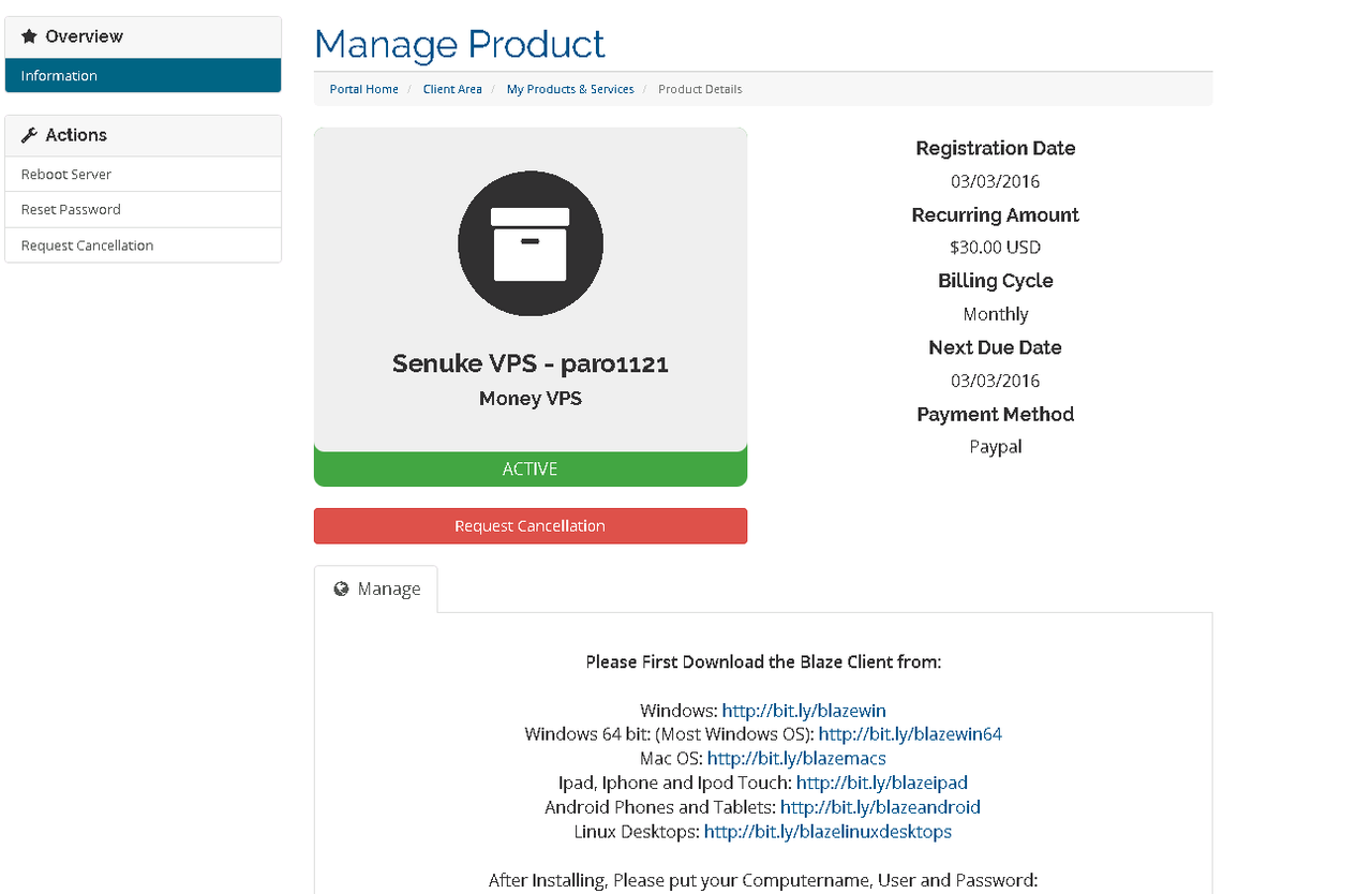 VPS Details: Reset Password, Reset Server, Cancellation, Etc